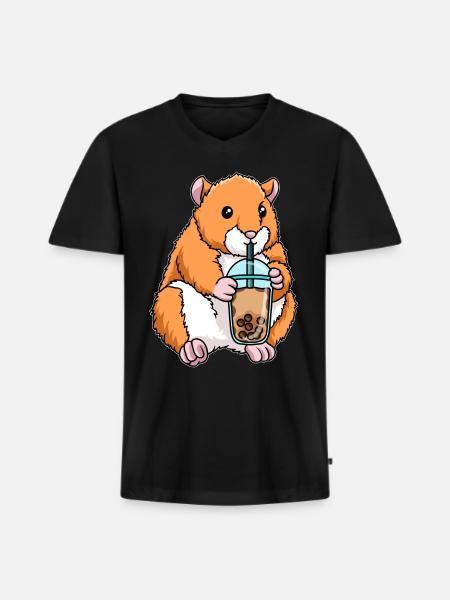 Hamster drinks bubble tea - Men's Premium Organic T-shirt with V-neck - black