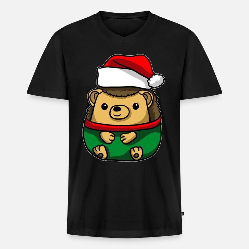 Igel mit Weihnachtsmütze Weihnachtskostüm - Männer Premium Bio T-Shirt mit V-Ausschnitt - Schwarz
