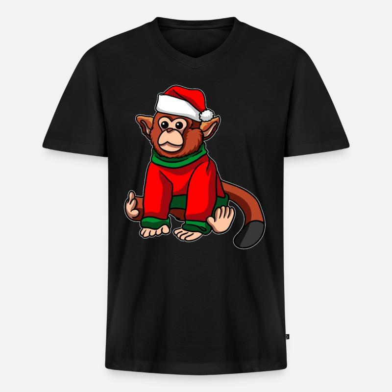 Affe mit Weihnachtsmütze Weihnachtskostüm - Männer Premium Bio T-Shirt mit V-Ausschnitt - Schwarz