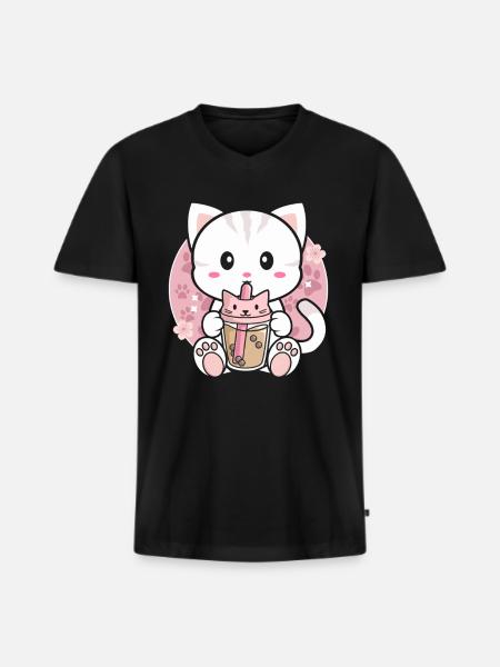 Cat Bubble Tea - Men's Premium Organic T-shirt with V-neck - black