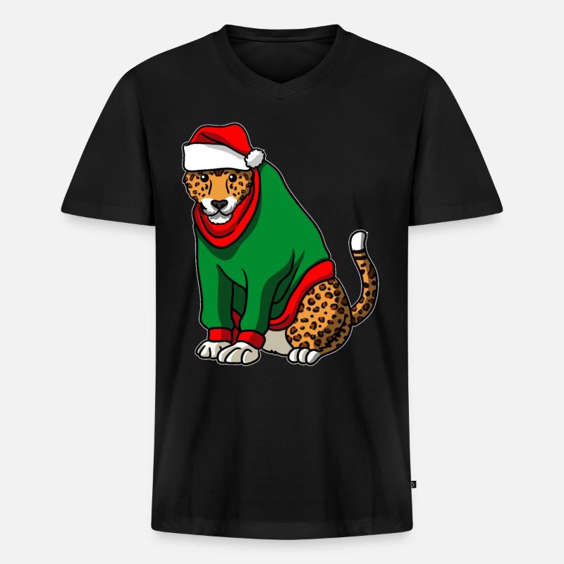 Leopard mit Christmas Sweater - Männer Premium Bio T-Shirt mit V-Ausschnitt - Schwarz