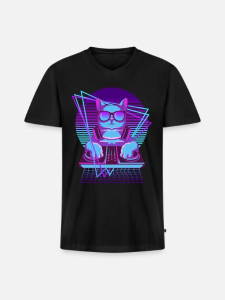 Vaporwave Katze DJ Pult Katze - Männer Premium Bio T-Shirt mit V-Ausschnitt - Schwarz