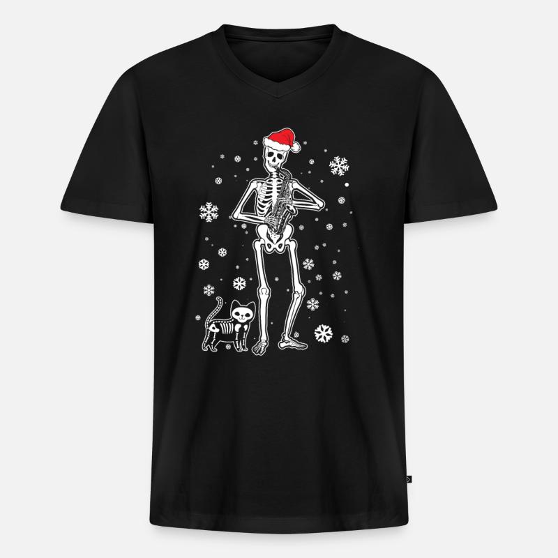Skeleton Saxophone Cat - Männer Premium Bio T-Shirt mit V-Ausschnitt - Schwarz
