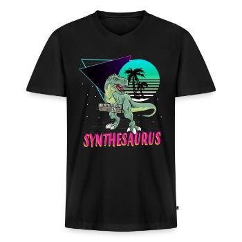 Synthesaurus T-Rex Electronic Synthesizer - Männer Premium Bio T-Shirt mit V-Ausschnitt - Schwarz - Vorne - Nico (187cm)