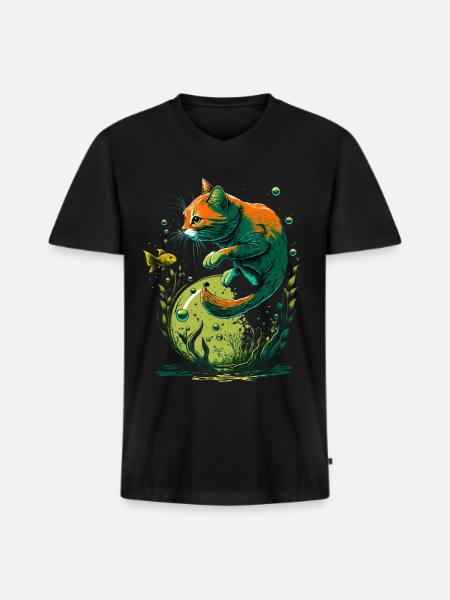 Fantasy Katze spielt mit Goldfischen - Männer Premium Bio T-Shirt mit V-Ausschnitt - Schwarz