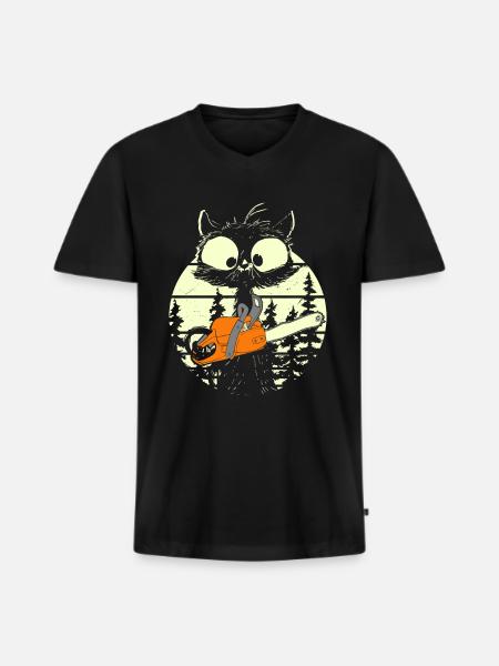 Chat avec tronçonneuse - T-shirt encolure en V Premium bio Homme - noir