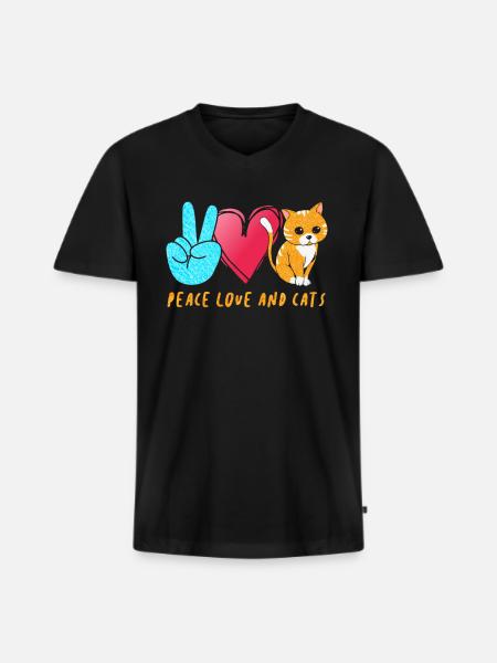 Peace Love Cats - Männer Premium Bio T-Shirt mit V-Ausschnitt - Schwarz