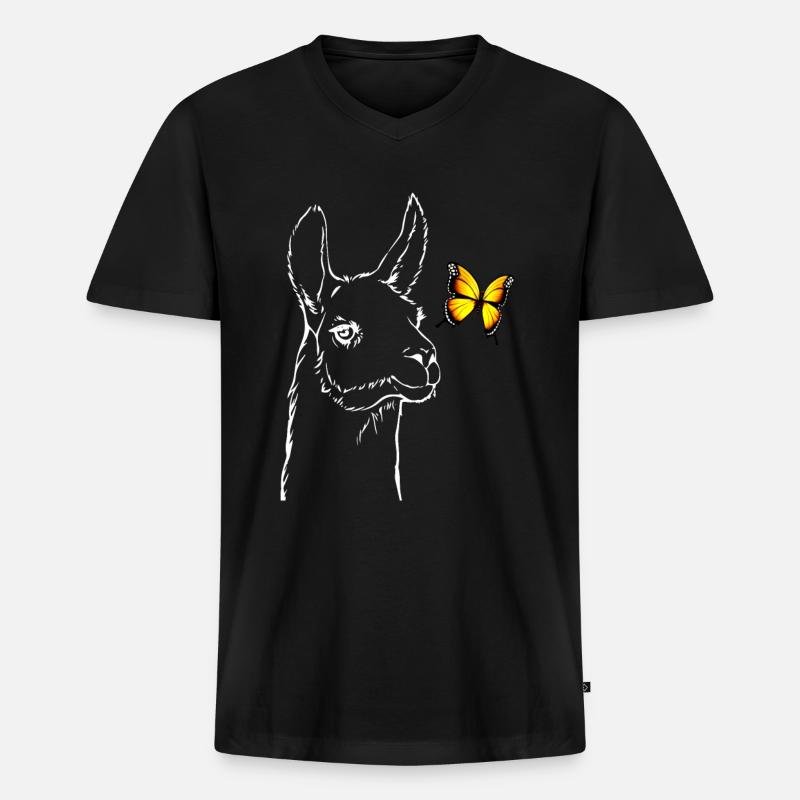 Llama mit Schmetterling - Männer Premium Bio T-Shirt mit V-Ausschnitt - Schwarz