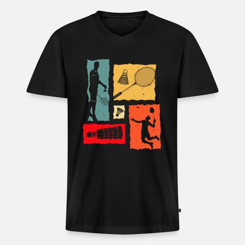 Badminton Retro - Männer Premium Bio T-Shirt mit V-Ausschnitt - Schwarz