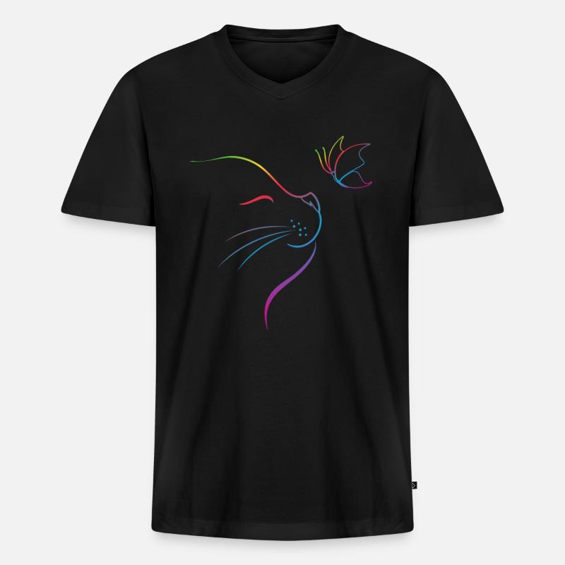 Katze mit Schmetterling - Männer Premium Bio T-Shirt mit V-Ausschnitt - Schwarz