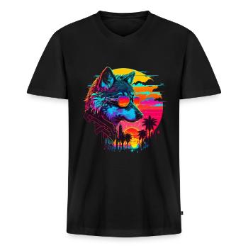 Wolf Retro Illustration Synthwave Art - Männer Premium Bio T-Shirt mit V-Ausschnitt - Schwarz - Vorne - Nico (187cm)