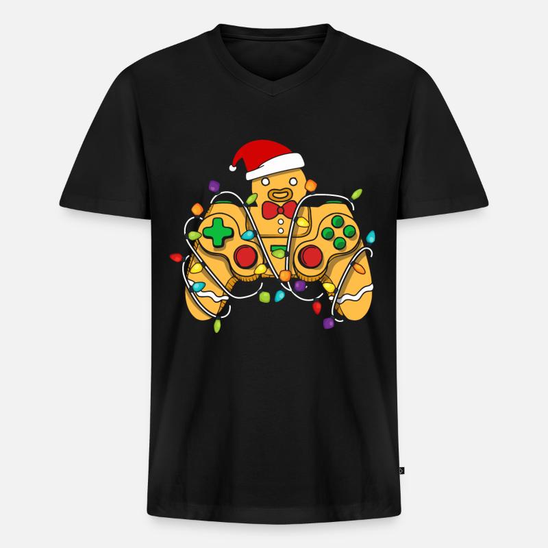 Christmas Gaming Controller Gingerbread - Männer Premium Bio T-Shirt mit V-Ausschnitt - Schwarz
