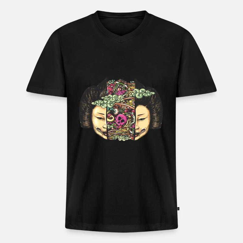 Aufgeteilter Kopf Gueisha Doodle - Männer Premium Bio T-Shirt mit V-Ausschnitt - Schwarz