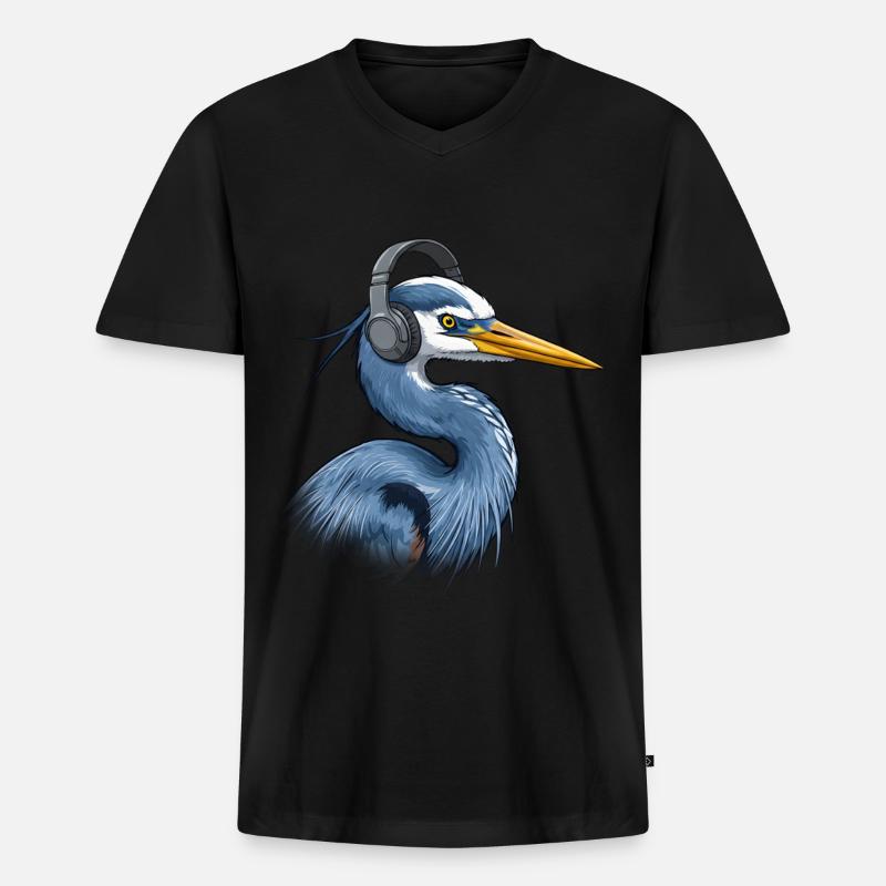 Reiher mit Kopfhörer - Männer Premium Bio T-Shirt mit V-Ausschnitt - Schwarz