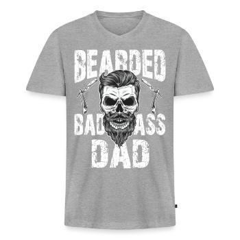 Bärtiger Papa Vollbart Totenkopf Barber Haare Bart - Männer Premium Bio T-Shirt mit V-Ausschnitt - Grau meliert - Vorne