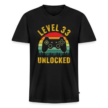 Level 33 unlocked t-shirt level 33 complete - Männer Premium Bio T-Shirt mit V-Ausschnitt - Schwarz - Vorne - Nico (187cm)