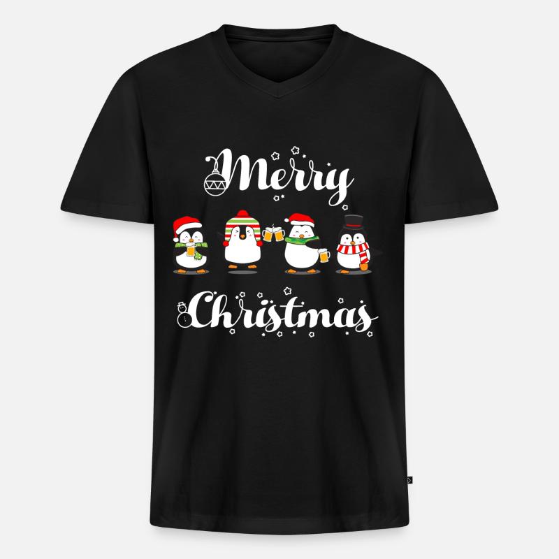 Merry Christmas Pinguin Bier - Männer Premium Bio T-Shirt mit V-Ausschnitt - Schwarz