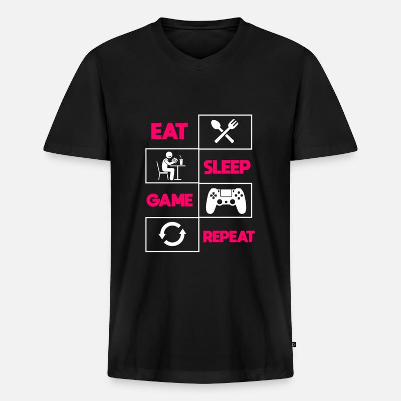 Eat Sleep Game Repeat - Männer Premium Bio T-Shirt mit V-Ausschnitt - Schwarz