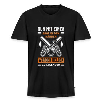 Nur Mit Einer Säge In Den Händen Werden Helden Zu - Männer Premium Bio T-Shirt mit V-Ausschnitt - Schwarz - Vorne - Nico (187cm)