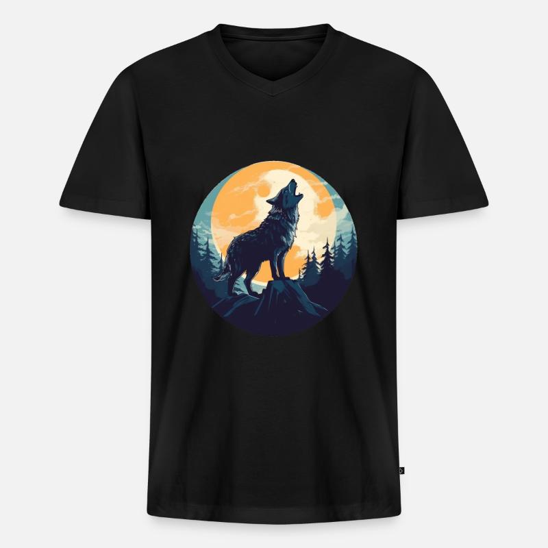 Wolf - Männer Premium Bio T-Shirt mit V-Ausschnitt - Schwarz