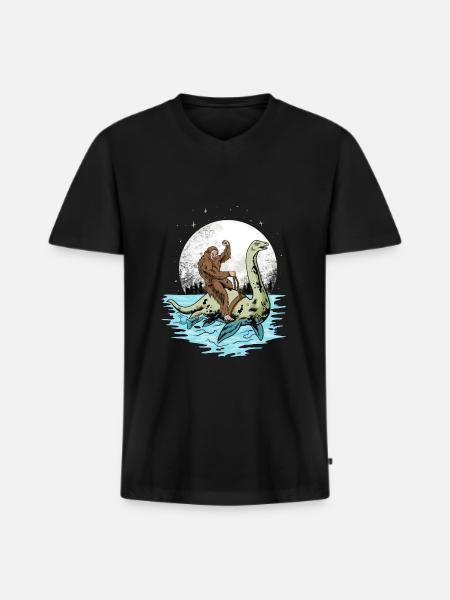 Bigfoot rides Loch Ness monster - Men's Premium Organic T-shirt with V-neck - black