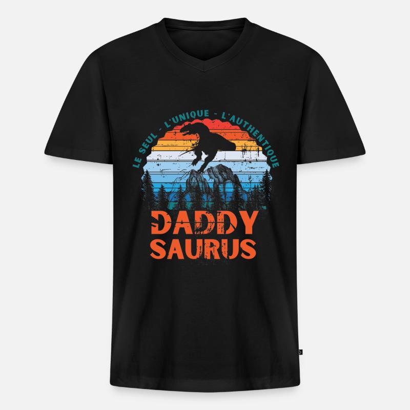 Papa Saurus - Männer Premium Bio T-Shirt mit V-Ausschnitt - Schwarz