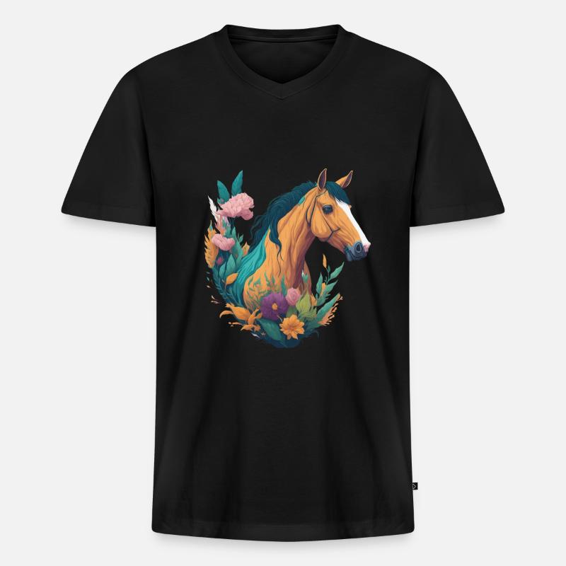 Pferd Blumen - Männer Premium Bio T-Shirt mit V-Ausschnitt - Schwarz