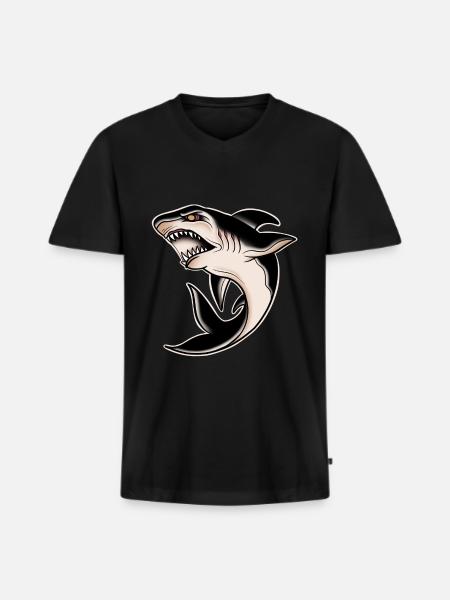 Tatuaggio tradizionale dello squalo bianco della vecchia scuola - Maglietta ecologica premium da uomo con scollo a V - nero