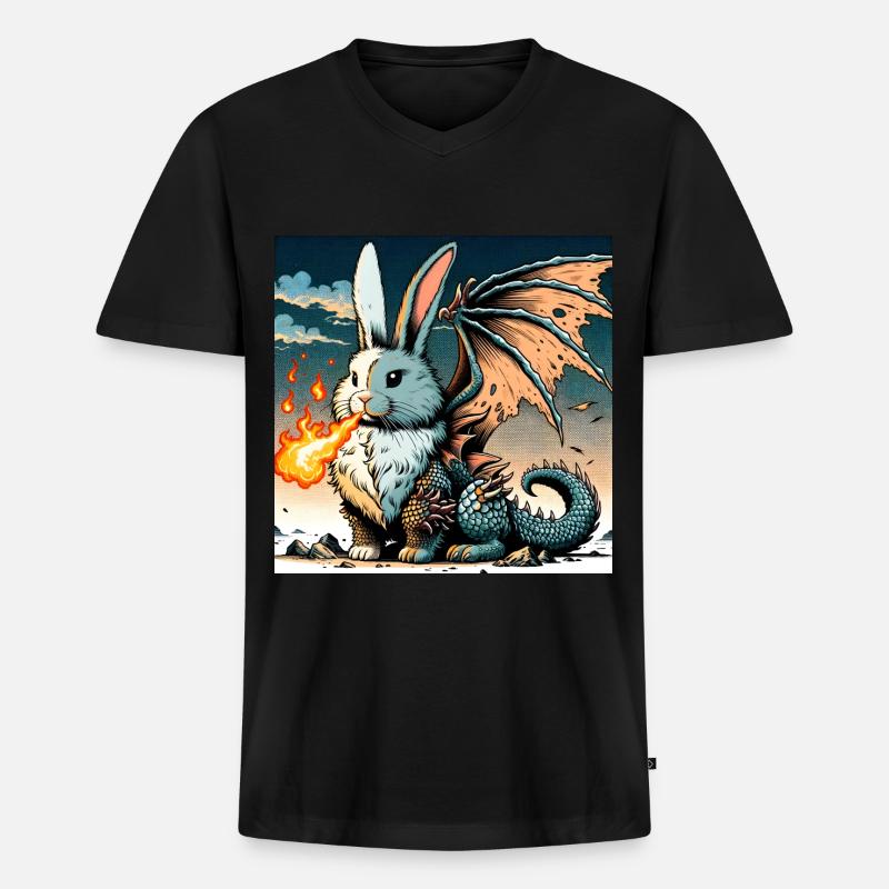 Feuerspeiender Hase Drache #01 - Männer Premium Bio T-Shirt mit V-Ausschnitt - Schwarz