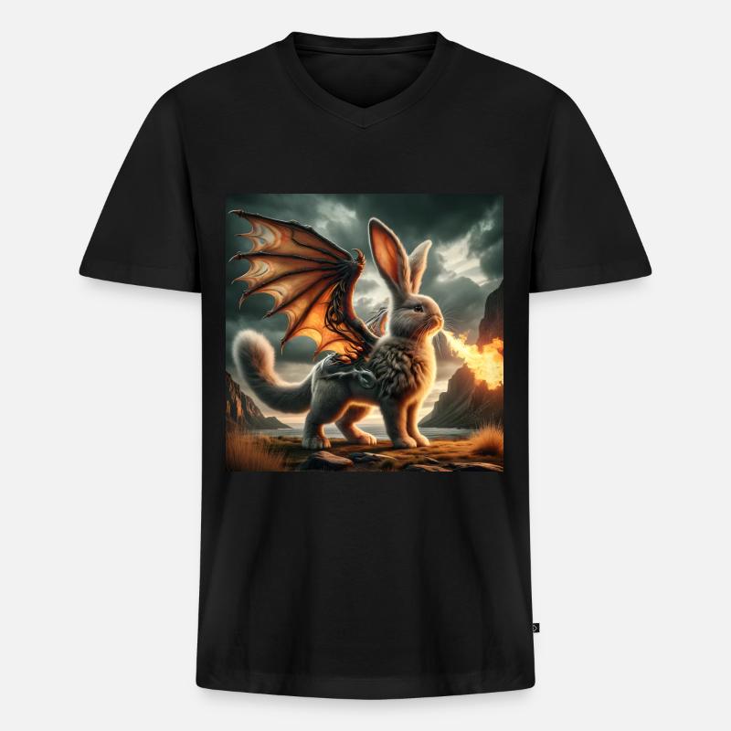 Feuerspeiender Hase Drache #03 - Männer Premium Bio T-Shirt mit V-Ausschnitt - Schwarz