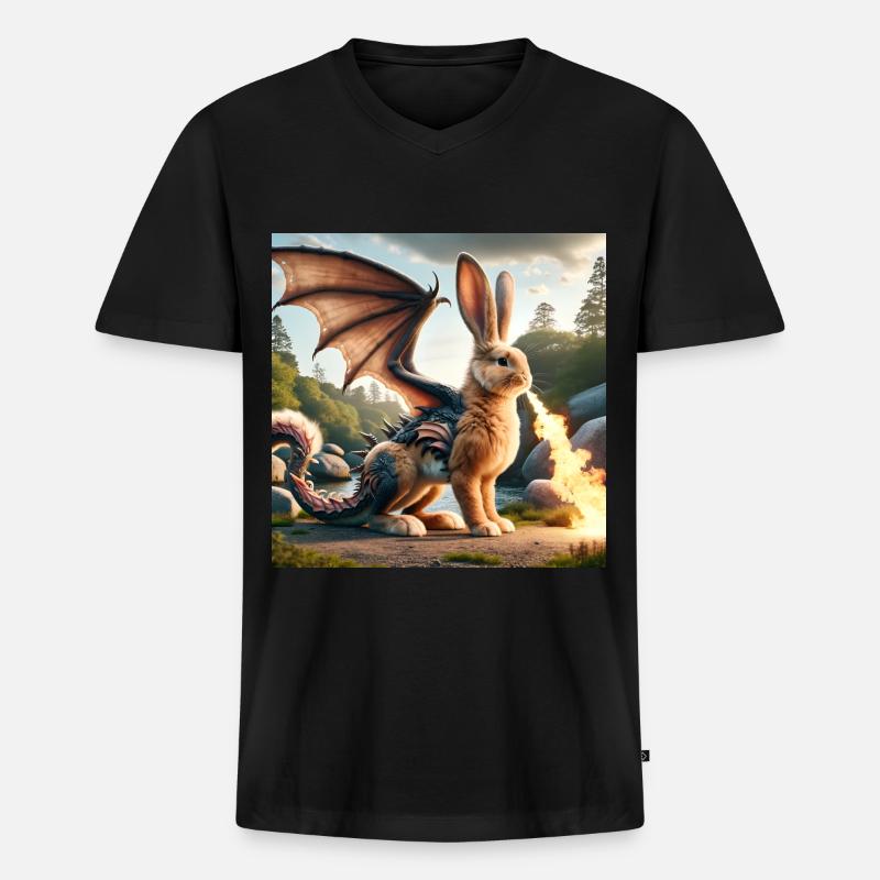 Feuerspeiender Hase Drache #07 - Männer Premium Bio T-Shirt mit V-Ausschnitt - Schwarz