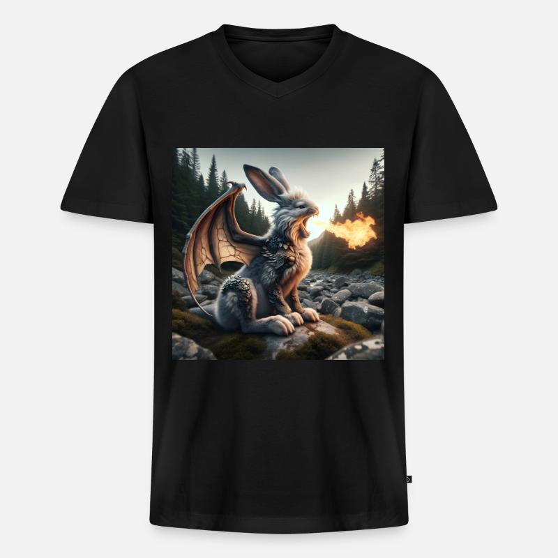 Feuerspeiender Hase Drache #25 - Männer Premium Bio T-Shirt mit V-Ausschnitt - Schwarz