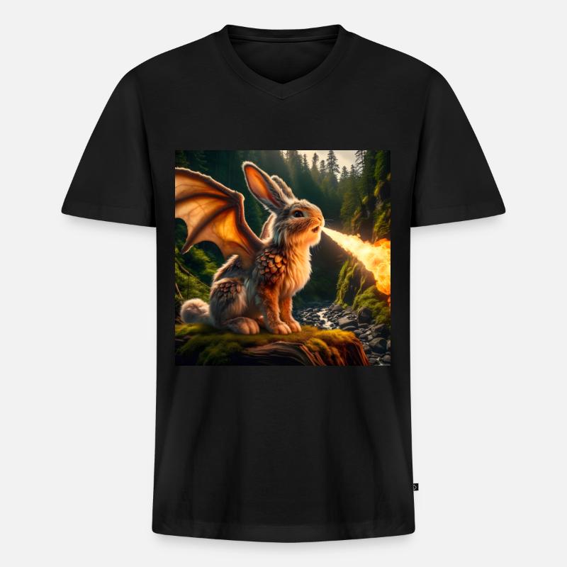 Feuerspeiender Hase Drache #22 - Männer Premium Bio T-Shirt mit V-Ausschnitt - Schwarz
