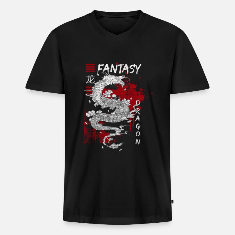 Drache China Tradition - Männer Premium Bio T-Shirt mit V-Ausschnitt - Schwarz