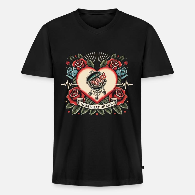 Herzschlag Grill - Männer Premium Bio T-Shirt mit V-Ausschnitt - Schwarz