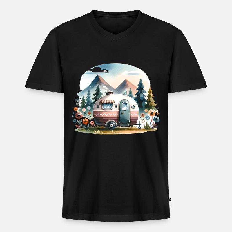 Camping Wohnwagen - Männer Premium Bio T-Shirt mit V-Ausschnitt - Schwarz
