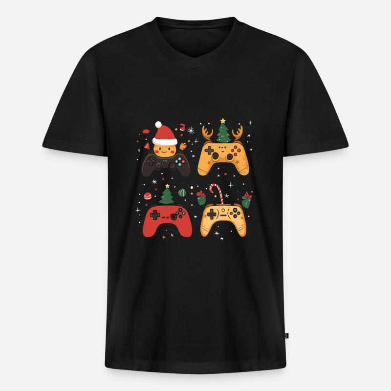 Gaming Controller mit Weihnachtsdekoration - Männer Premium Bio T-Shirt mit V-Ausschnitt - Schwarz