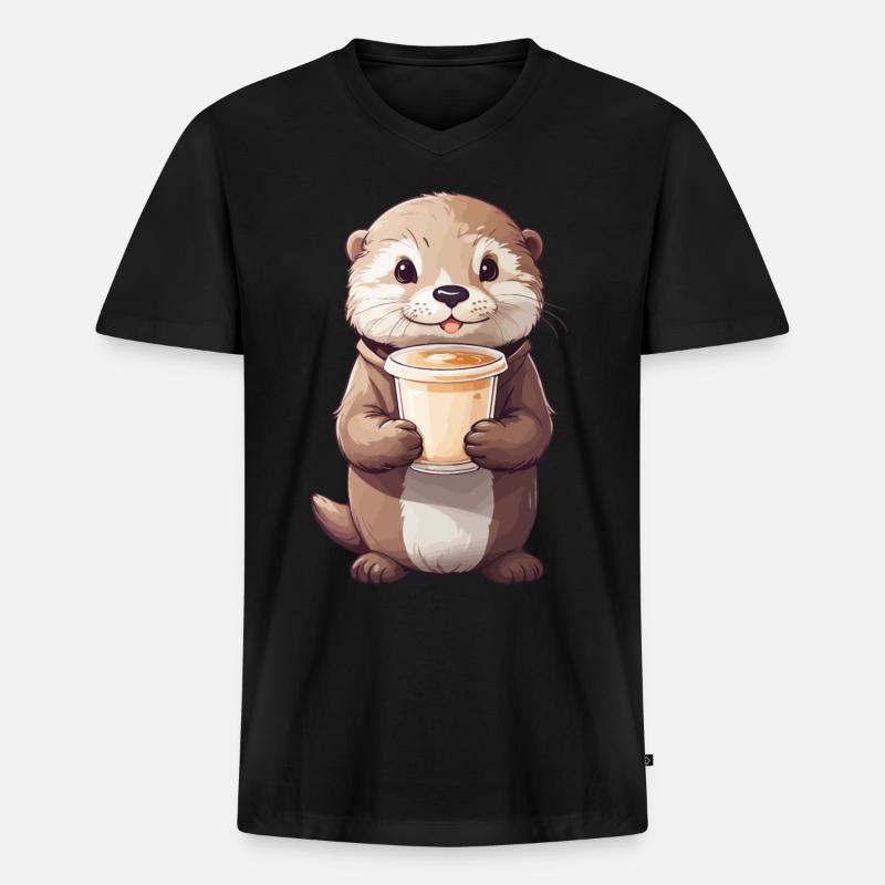 Otter Kaffeezeit Süßes Kaffee Tierdesign - Männer Premium Bio T-Shirt mit V-Ausschnitt - Schwarz