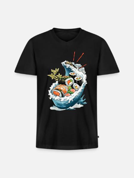 Sushi Bowl Ukiyo-E Japan Retro Aesthetic Design - Men's Premium Organic T-shirt with V-neck - black