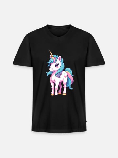 Diseño único de unicornio en colores pastel - Camiseta ecológica prémium para hombre con cuello de pico - negro