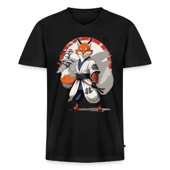 Kitsune Samurai Fox Vintage Ukiyo-e Style - T-shirt encolure en V Premium bio Homme - noir - Devant - Nico (187cm)