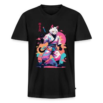 Samurai Katze Vaporwave Aesthetic Japan Kunst - Männer Premium Bio T-Shirt mit V-Ausschnitt - Schwarz - Vorne - Nico (187cm)