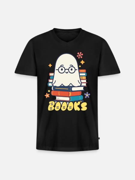 Cute Book Lover Ghost - Men's Premium Organic T-shirt with V-neck - black