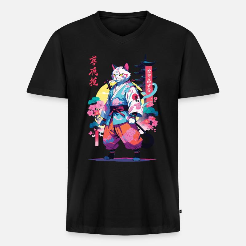 Samurai Katze Vaporwave Aesthetic - Männer Premium Bio T-Shirt mit V-Ausschnitt - Schwarz