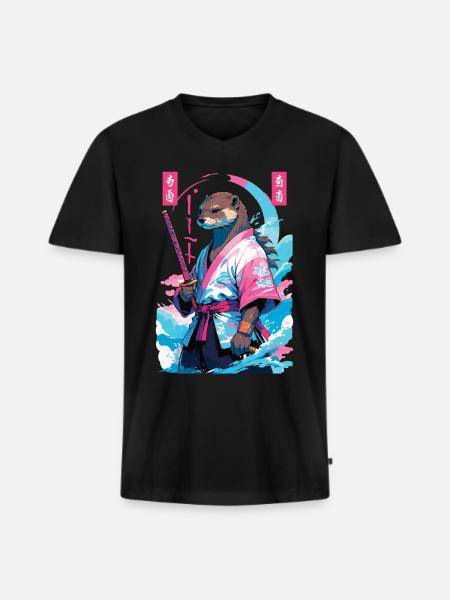 Samurai Otter Aesthetic Vaporwave Asian Style - Men's Premium Organic T-shirt with V-neck - black