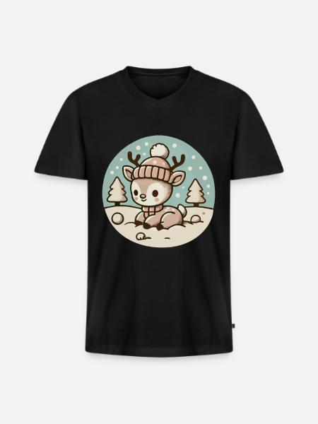 Christmas Reindeer Illustration Winter - Men's Premium Organic T-shirt with V-neck - black