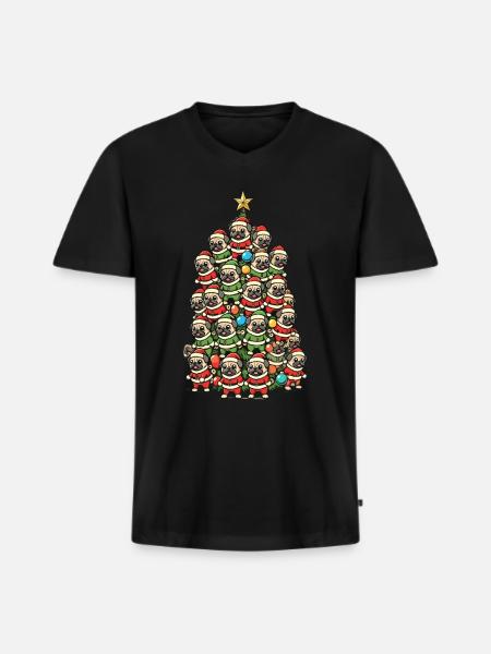 Merry Pug Christmas Tree - Men's Premium Organic T-shirt with V-neck - black