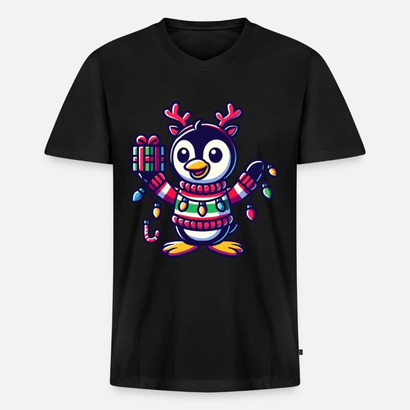 Fröhlicher Pinguin Mit Weihnachtslichtern - Männer Premium Bio T-Shirt mit V-Ausschnitt - Schwarz