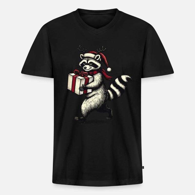 Weihnachts-Waschbär Mit Geschenk - Männer Premium Bio T-Shirt mit V-Ausschnitt - Schwarz