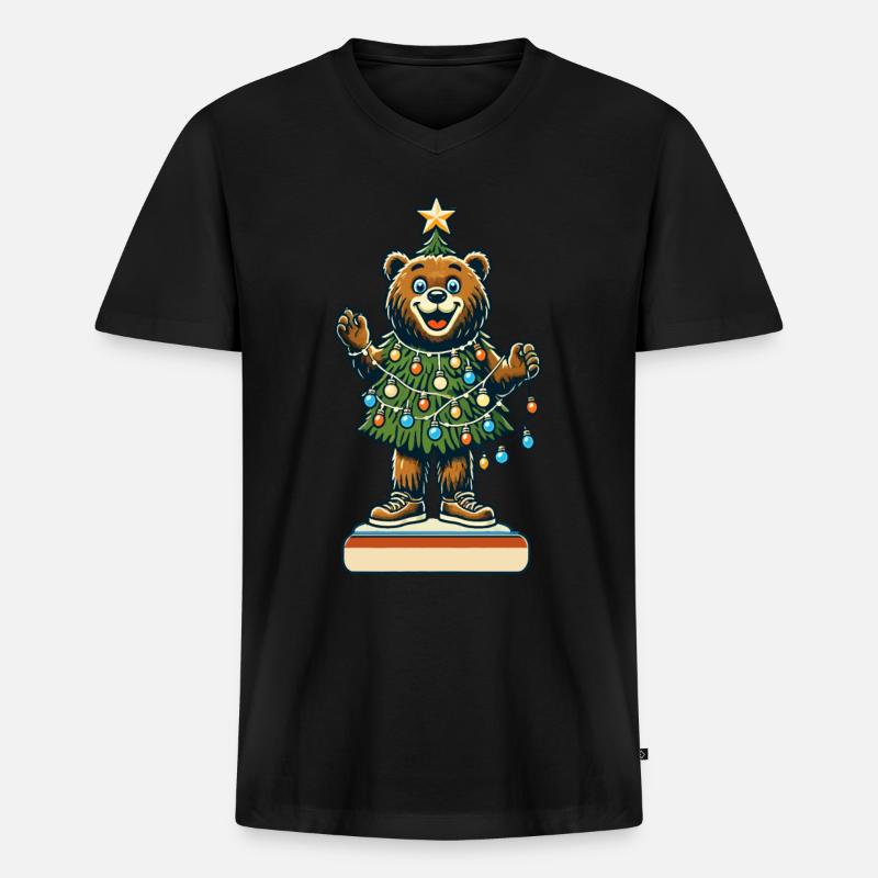 Fröhlicher Bär Mit Weihnachtslichtern - Männer Premium Bio T-Shirt mit V-Ausschnitt - Schwarz